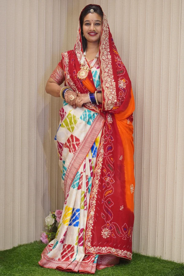 NS Rajasthani Handwork 2 Path Zardozi Work Pila (Red + Orange)