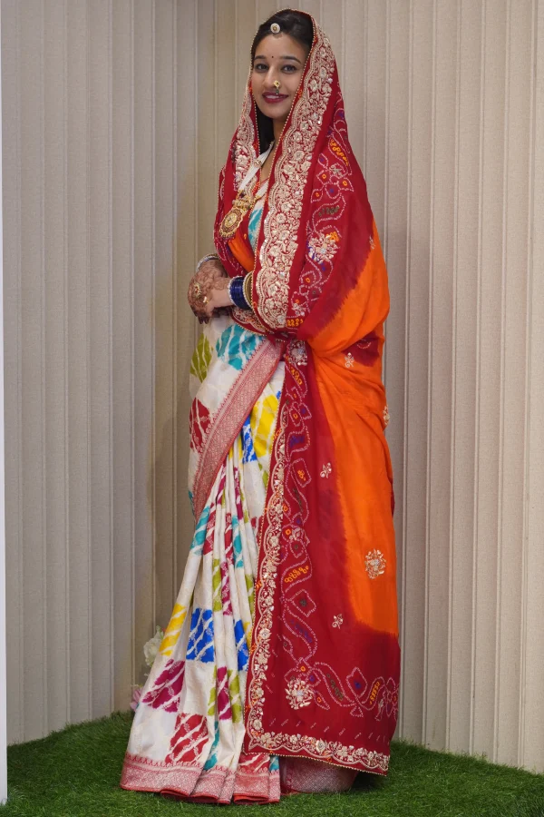 NS Rajasthani Handwork 2 Path Zardozi Work Pila (Red + Orange)