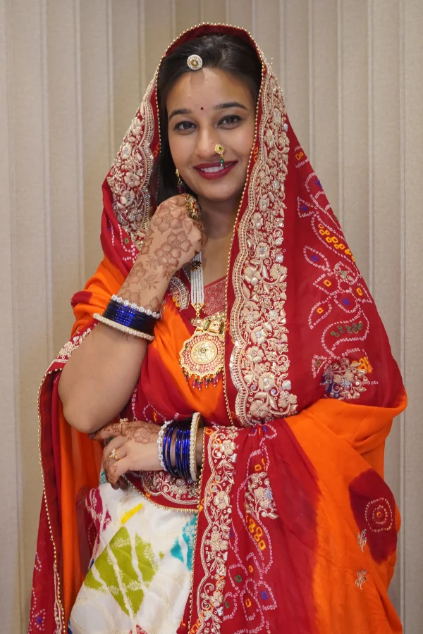 NS Rajasthani Handwork 2 Path Zardozi Work Pila (Red + Orange)