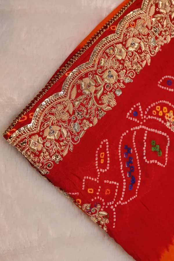 NS Rajasthani Handwork 2 Path Zardozi Work Pila (Red + Orange)