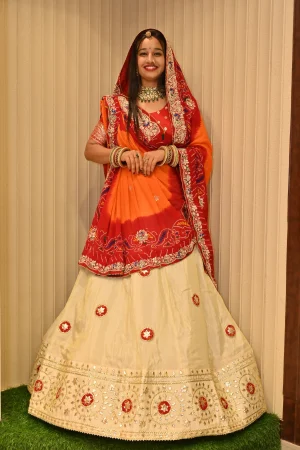 NS Rajasthani Handwork Zardozi Work Pila (Red + Orange)