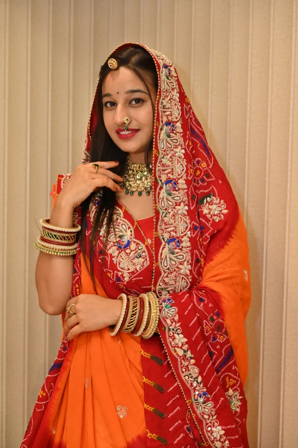 NS Rajasthani Handwork Zardozi Work Pila (Red + Orange)