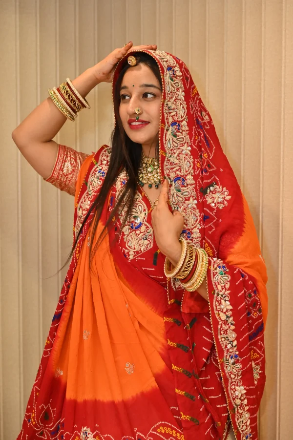 NS Rajasthani Handwork Zardozi Work Pila (Red + Orange)