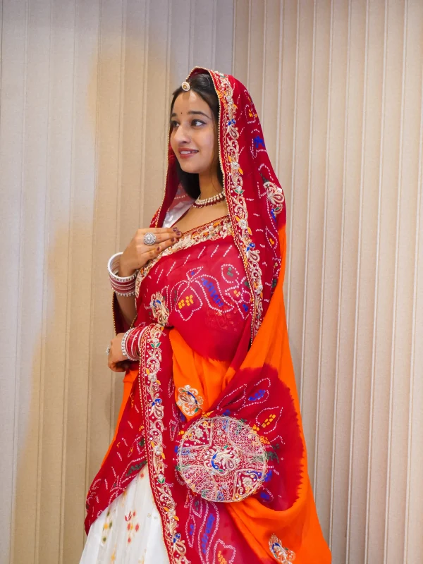 NS Traditional  Rajasthani Handwork Zardozi Work Pila (Red + Orange)