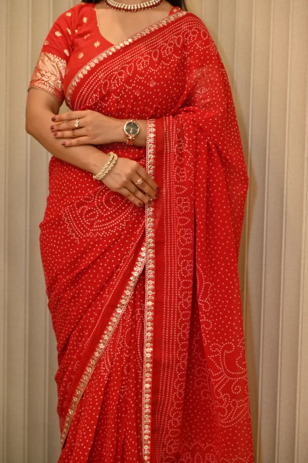 ns-s23-8 NS Traditional Bandhej Print Gota Patti Style Synthetic Saree