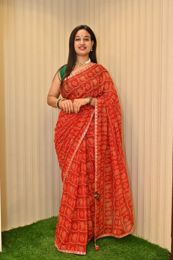 NS Bandhej Print Saree with Gota Lace Border – Synthetic Fabric