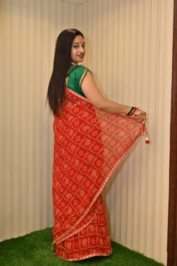 NS Bandhej Print Saree with Gota Lace Border – Synthetic Fabric