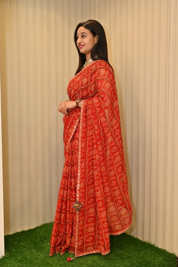 NS Bandhej Print Saree with Gota Lace Border – Synthetic Fabric