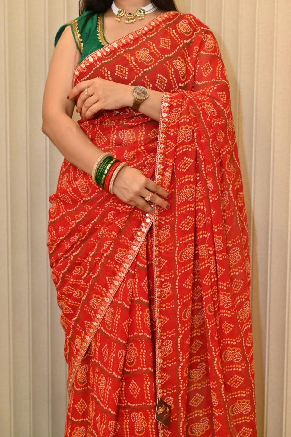 NS Bandhej Print Saree with Gota Lace Border – Synthetic Fabric