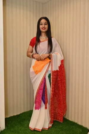 NS Multi Color Bandhej Print Saree with Gota Lace Border – Synthetic Fabric