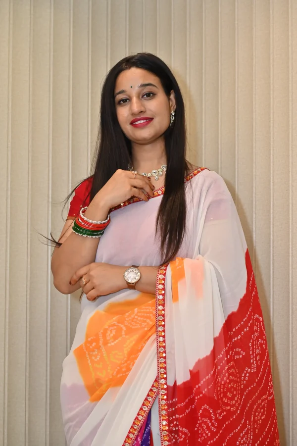 NS Multi Color Bandhej Print Saree with Gota Lace Border – Synthetic Fabric