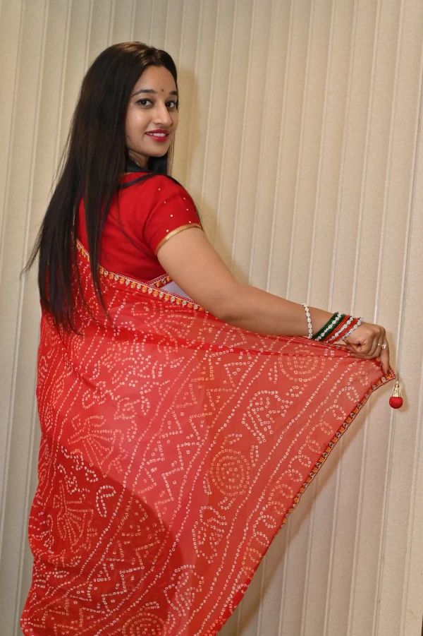 NS Multi Color Bandhej Print Saree with Gota Lace Border – Synthetic Fabric