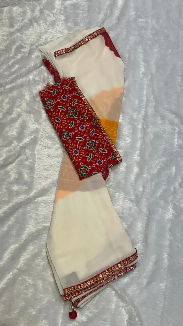 NS Multi Color Bandhej Print Saree with Gota Lace Border – Synthetic Fabric