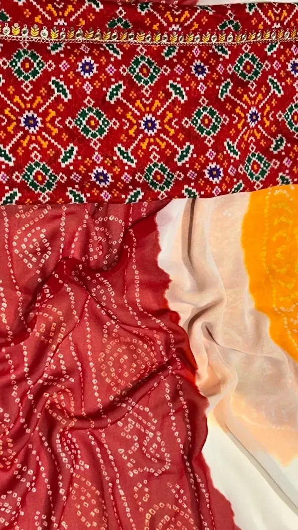 NS Multi Color Bandhej Print Saree with Gota Lace Border – Synthetic Fabric